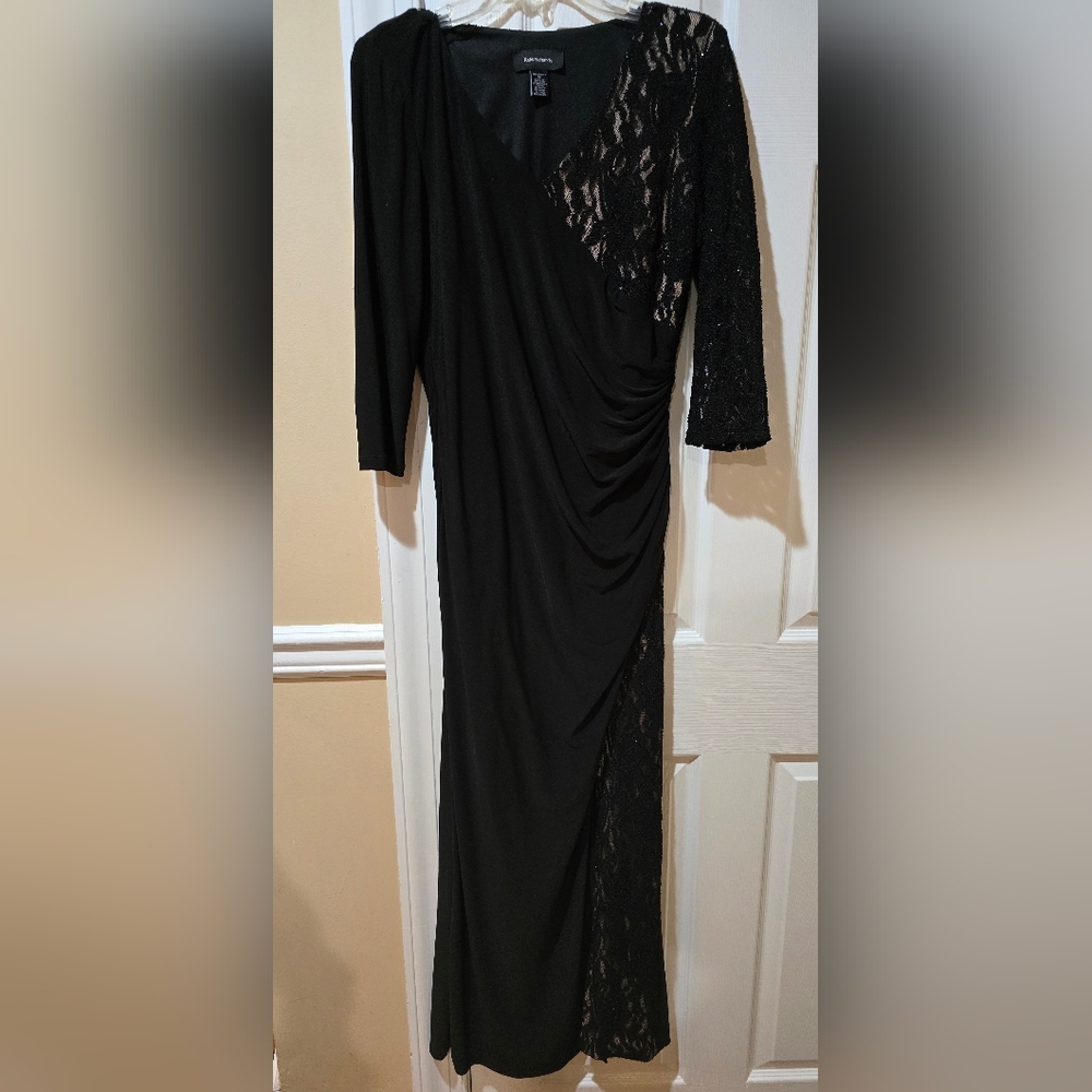 R&M Richards Dress 12 Black Maxi Side Slit Ruched Lace Overlay Formal Gown